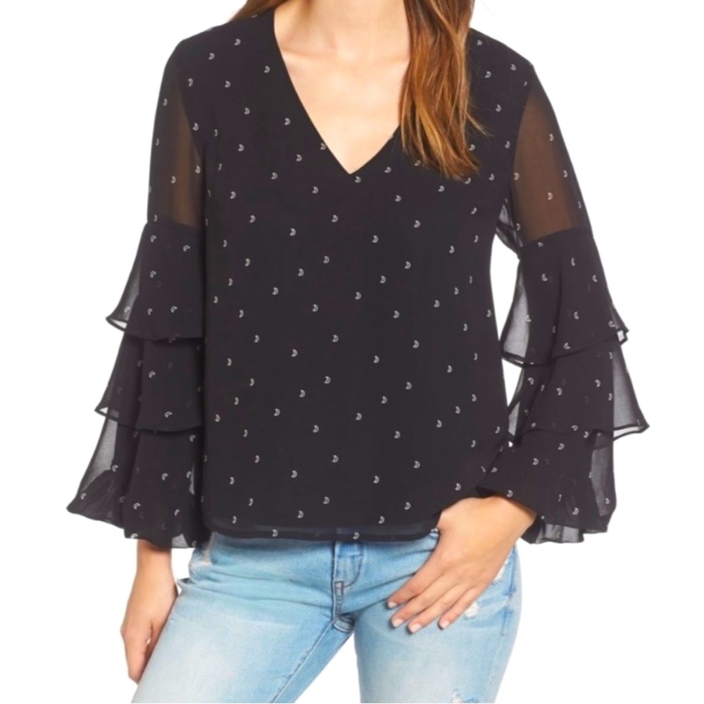 WAYF Micah Ruffle Bell Sleeve Vamp Witchy Moon Print Disco Blouse Top Medium